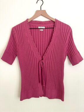 Van Heusen Cotton Ribbed Tie-Front Short Sleeve Cardigan - Raspberry